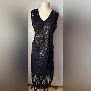 Elegant Black Beaded Fringe V-Neck Prom Dress